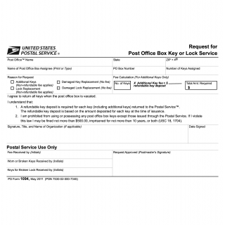 PS Form 1094. Request for Post Office Box Key or Lock Service