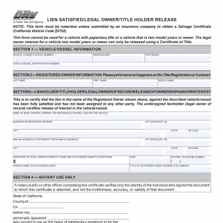 DMV form REG 166 Lien Satisfied/Legal Owner/Title Holder Release