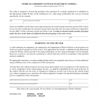 Form REG 139. Vehicle Emission System Statement (SMOG)
