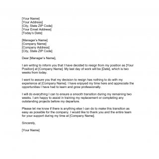 Resignation Letter with 2 Weeks Notice sample