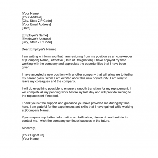 Resignation Letter for Housekeeping