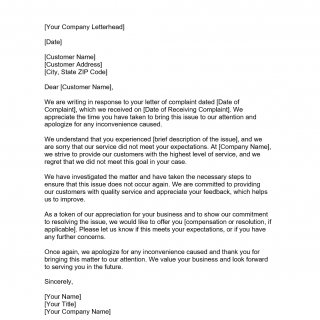 Response to letter of complaint
