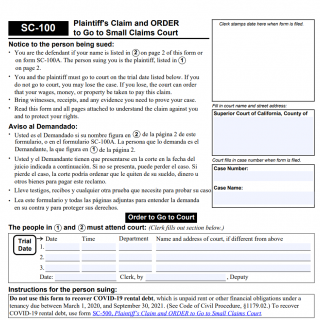 SC-100 form. Plaintiff's Claim and ORDER to Go to Small Claims Court