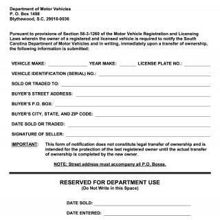 SCDMV Form 416. Notice of Vehicle Sold