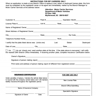 SCDMV Form 452-A. Lost/Stolen Or Destroyed License Plate Report ...