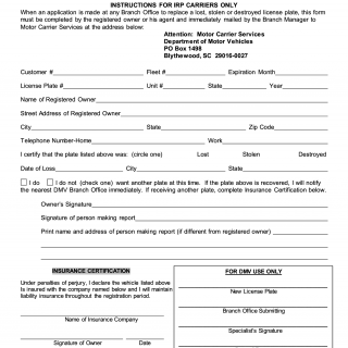 SCDMV Form 452-A. Lost/Stolen or Destroyed License Plate Report Replacement Application (IRP Only)