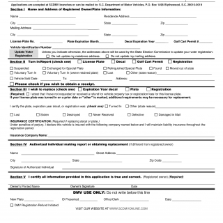 SCDMV Form 452. Application to Replace License Plate or Expiration Year Decal