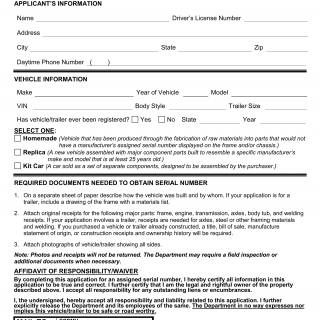 SCDMV Form 401-A. Application for Special Serial Number