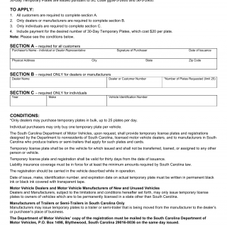 SCDMV Form 433. 30-Day Temporary Plate Registration