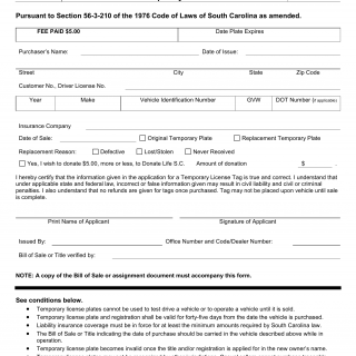 SCDMV Form 45-A. Application to Issue or Replace 45-Day Temporary Plates