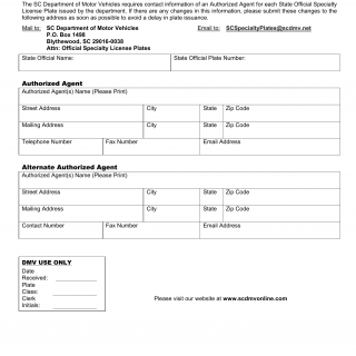 SCDMV Form 5048-B. Authorized Agent Contact Information for State Board or Commission License Plates