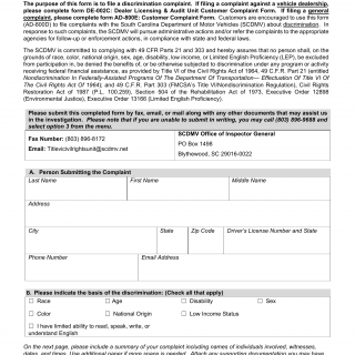 SCDMV Form AD-809E. Title VI Customer Complaint Form (English)