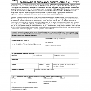 SCDMV Form AD-809S. Title VI Customer Complaint Form (Spanish)