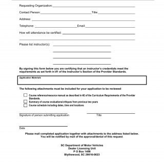 SCDMV Form DE-001. Request for Approval of Dealer Pre-Licensing Course