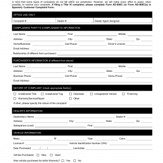 SCDMV Form DE-002C. Dealer Licensing & Audit Unit Customer Complaint Form
