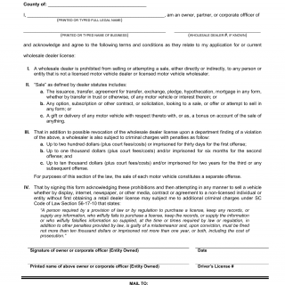 SCDMV Form DE-004A. Wholesaler Dealer Agreement