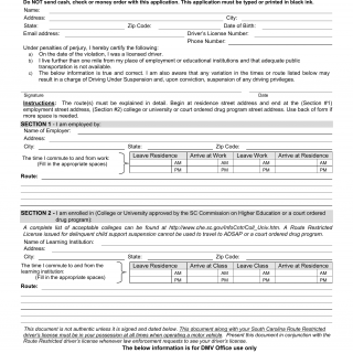SCDMV Form DL-127. Route Restricted Driver's License Application