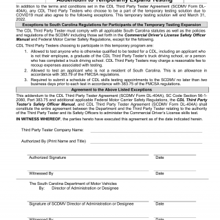 SCDMV Form DL-404AA. CDL Third Party Tester Agreement Addendum to Temporarily Expand Testing