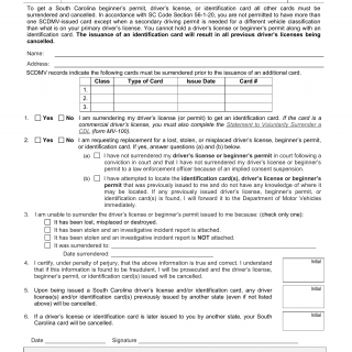 SCDMV Form DL-49. Surrender Agreement
