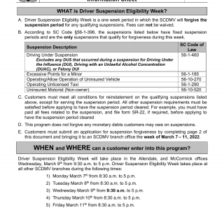 SCDMV Form DL-601. Driver Suspension Eligibility Week Application and Information Sheet