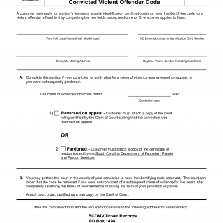 SCDMV Form DL-602. Request to Remove the Convicted Violent Offender Code