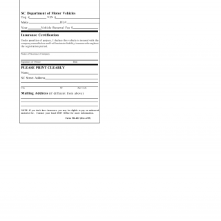 SCDMV Form FR-402. Insurance Certification