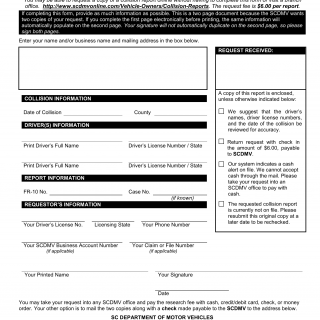 SCDMV Form FR-50. Request for Copy of Collision Report