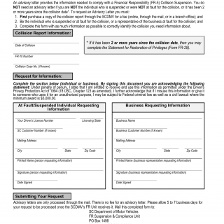 SCDMV Form FR-50B. Request for Collision Advisory Letter