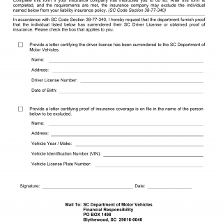 SCDMV Form FR-9B. Exclusion of Insurance