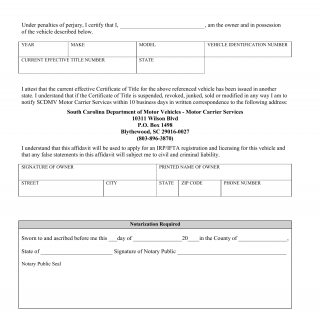 SCDMV Form IRP-11. IRP - Valid Out of State Title Affidavit