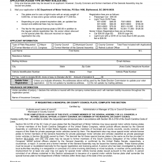SCDMV Form MV-102C. License Plate Application for Mayors, Former Members of the General Assembly or US Congress, Municipal and County Council, and County Coroner
