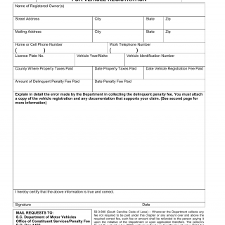 SCDMV Form MV-13. Request for Refund of Delinquet Penalty Fee for Vehicle Registration