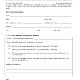SCDMV Form MV-43. Family Court Order of Suspension or Restriction of Driving Privileges