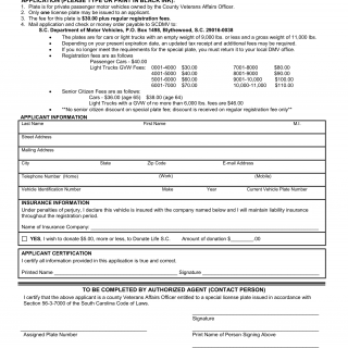 SCDMV Form MV-73. County Veterans Affairs Officers License Plate Application