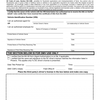 SCDMV Form MV-80A. Authorization for Title or Registration Pick Up