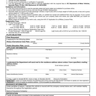 SCDMV Form MV-95. Application for Special License Plates
