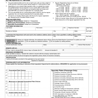 SCDMV Form MV-96. Application for Personalized License Plates