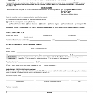 SCDMV Form MV-97. Request to Remake Personalized or Special License Plates