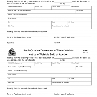 SCDMV Form TI-002A. Notice of Vehicle Sold at Auction