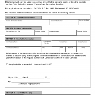 SCDMV Form TI-003A. Lien Continuation Request