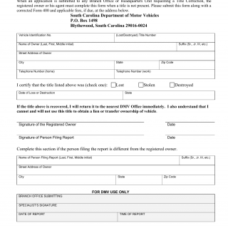 SCDMV Form TI-004A. Lost, Stolen, or Destroyed Certificate of Title Report