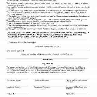 SCDMV Form TI-006A. Affidavit of Vehicle Principally Garaged at South Carolina Residence