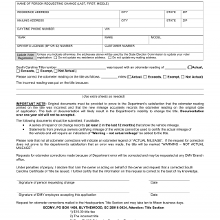 SCDMV Form TI-008. Odometer Correction Request
