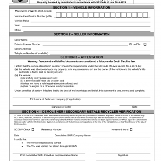 SCDMV Form TI-014A. Affidavit of Disposal of Vehicle to a Demolisher/Second Metals Recycler (SMR)