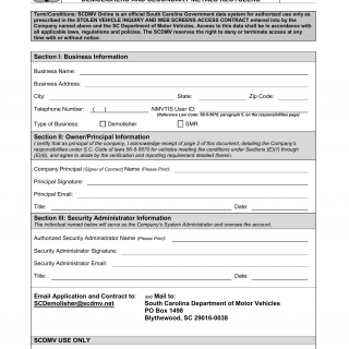 SCDMV Form TI-014B. Web Member Services Application for Online Access through the SCDMV website for Demolishers and SMRs