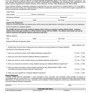 SCDMV Form VS-001A. Habitual Offender Reduction Request