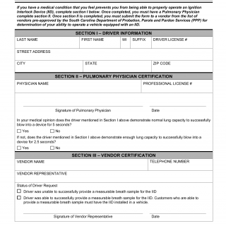 SCDMV Form VS-004C. Ignition Interlock Medical Exemption Certification