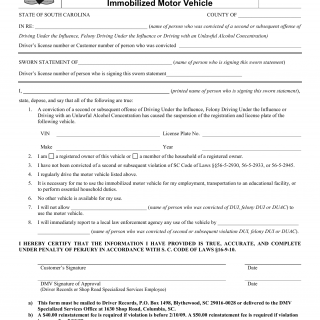 SCDMV Form VS-100. Sworn Statement for Release of an Immobilized Motor Vehicle