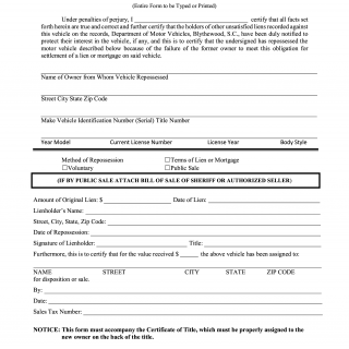 SCDMV Form 4034. Affidavit for Repossessed Motor Vehicle