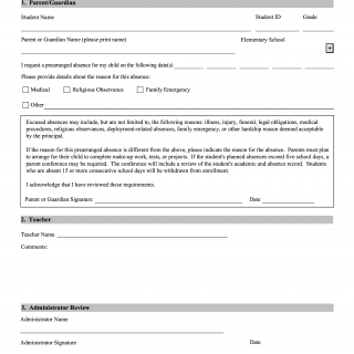 Request for Prearranged Absence form elementary school (FCPS)